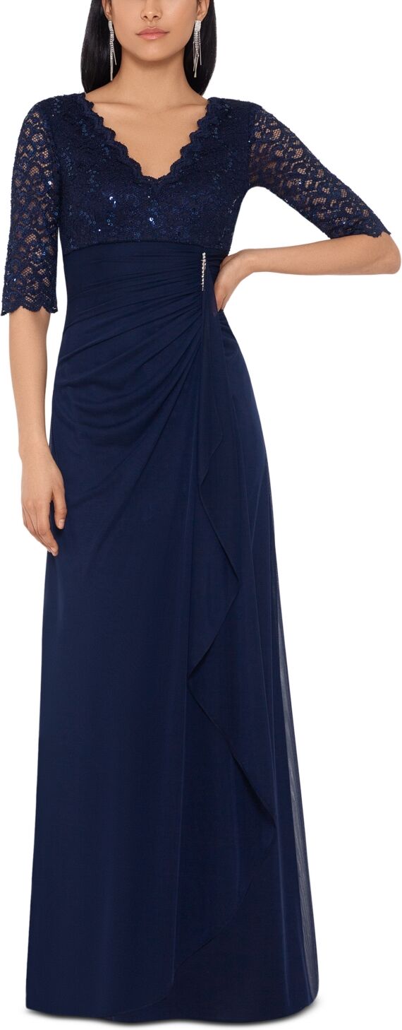 Betsy & Adam Women's Lace-Top Waterfall-Detail Gown - Navy Blue