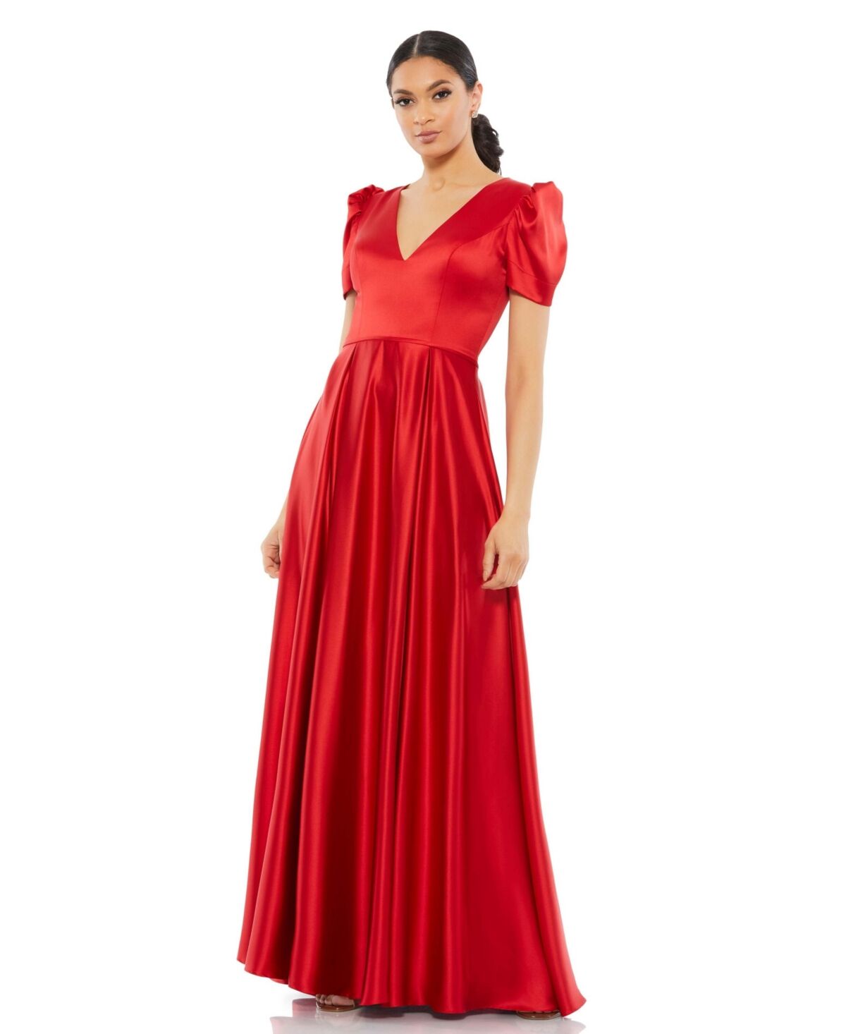 Mac Duggal Women's Ieena V Neck Cap Puff Sleeve Satin Gown - Red