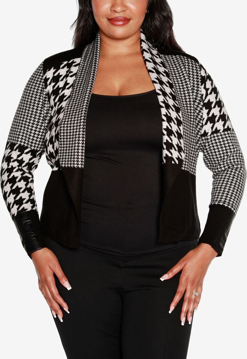 Belldini Black Label Women's Plus Size Multi Houndstooth Cropped Sweater Blazer - Black, White