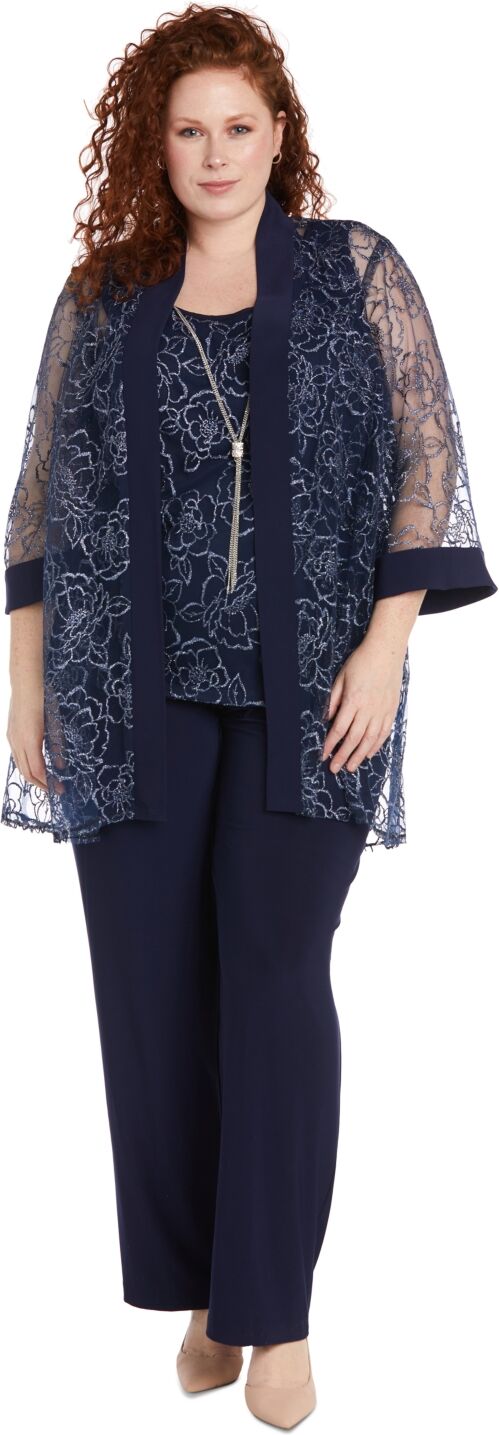 R & M Richards Plus Size Lace Jacket, Top & Pull-On Pants - Navy/Silver