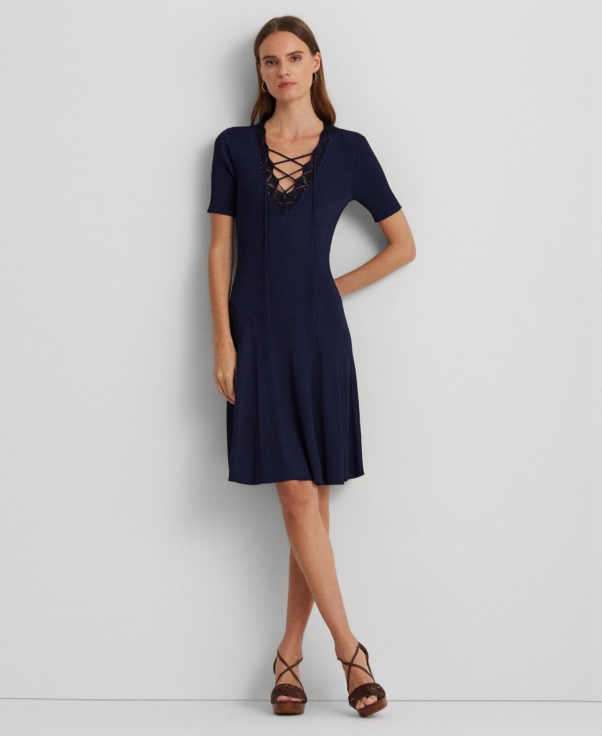 Ralph Lauren Lauren Ralph Lauren Women's Lace-Trim Rib-Knit Dress - Refined Navy