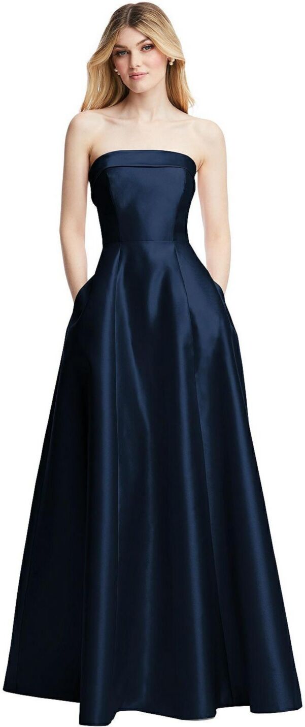 Alfred Sung Strapless Bias Cuff Bodice Satin Gown with Pockets - Midnight navy