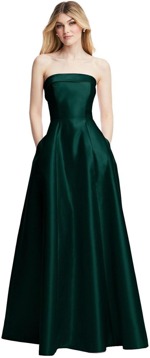 Alfred Sung Strapless Bias Cuff Bodice Satin Gown with Pockets - Evergreen