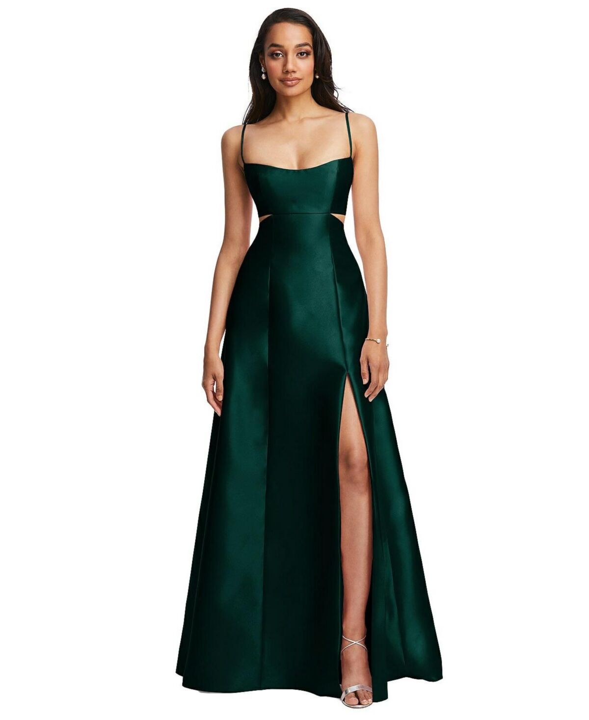 Alfred Sung Womens Open Neckline Cutout Satin Twill A-Line Gown with Pockets - Evergreen
