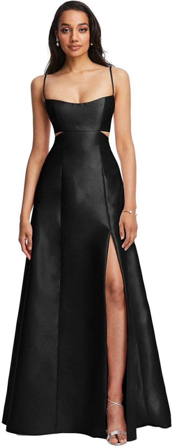 Alfred Sung Womens Open Neckline Cutout Satin Twill A-Line Gown with Pockets - Black