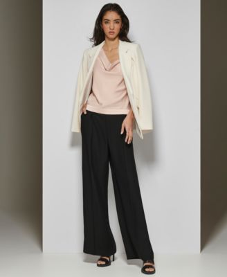 Dkny Womens Peak Lapel Two Button Long Sleeve Blazer Cowlneck Contrast Strap Camisole Top High Rise Zip Front Wide Leg Crepe Pants