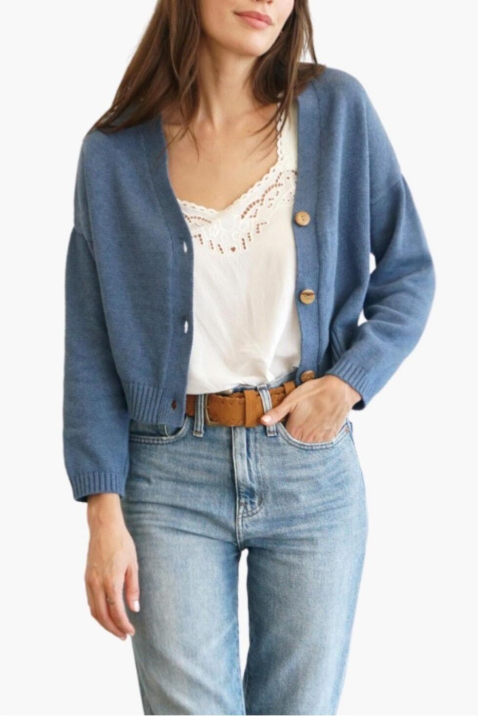 Paneros Clothing Women's Cotton Diana Crop Cardigan Sweater - Denim blue