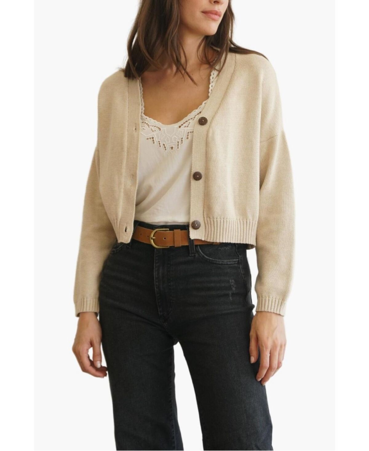 Paneros Clothing Women's Cotton Diana Crop Cardigan Sweater - Sand
