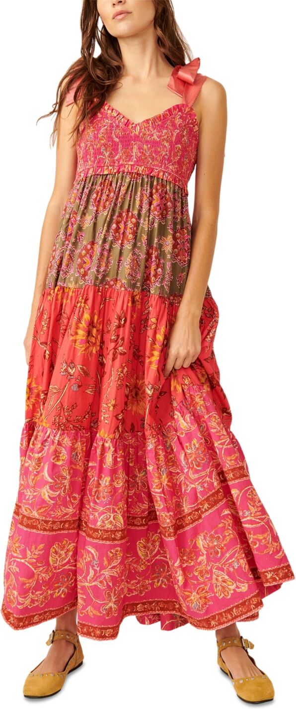 Free People Women's Bluebell Cotton Mixed-Print Tiered Maxi Dress - Magenta Combo