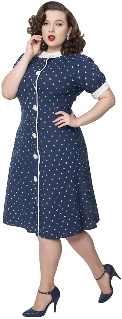 Unique Plus Size Asymmetrical Button Woven Swing Dress - Navy/white pin dot