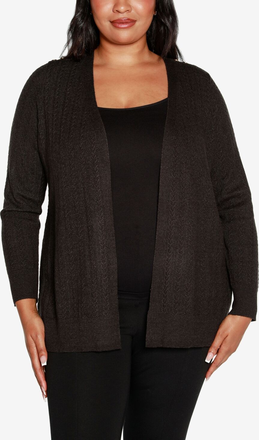 Belldini Black Label Plus Size Open-Front Cable-Knit Cardigan Sweater - Heather Charcoal