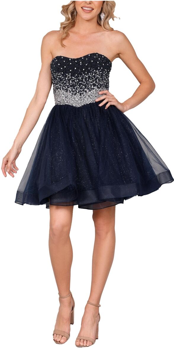 Terani Couture Women's Beaded Top Short Ballgown With Glitter Tulle Skirt - Navy