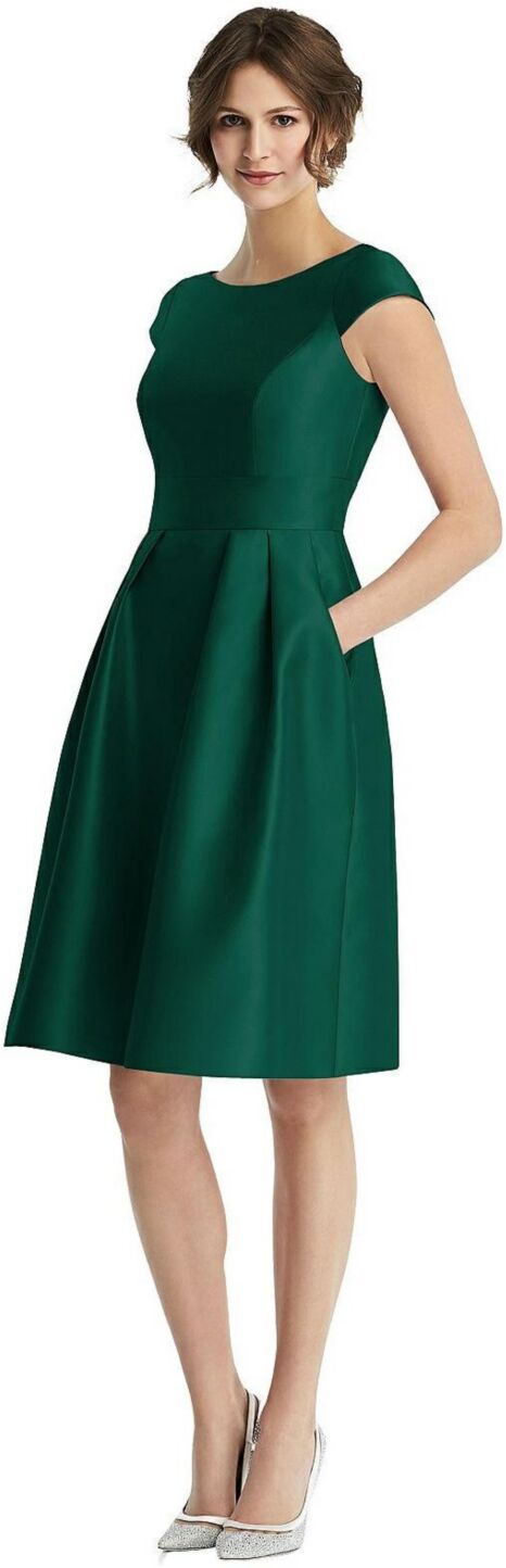 Alfred Sung Womens Cap Sleeve Pleated Cocktail Dress with Pockets - Hunter green