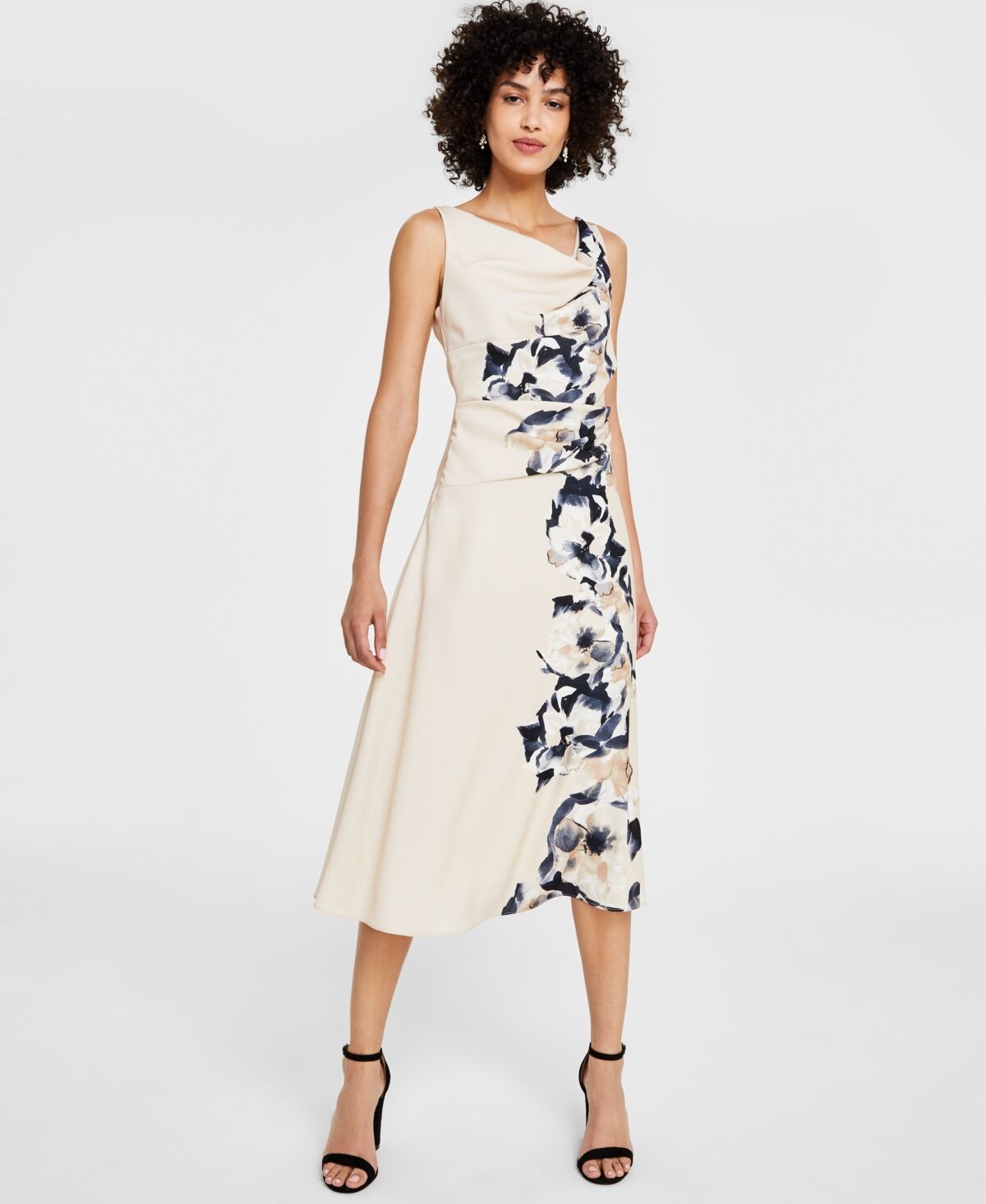 Dkny Women's Floral Cowlneck Fit & Flare Midi Dress - Elegant Beige Multi