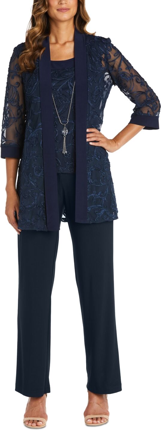 R & M Richards Petite 3/4-Sleeve Lace Jacket & Pants Set - Navy