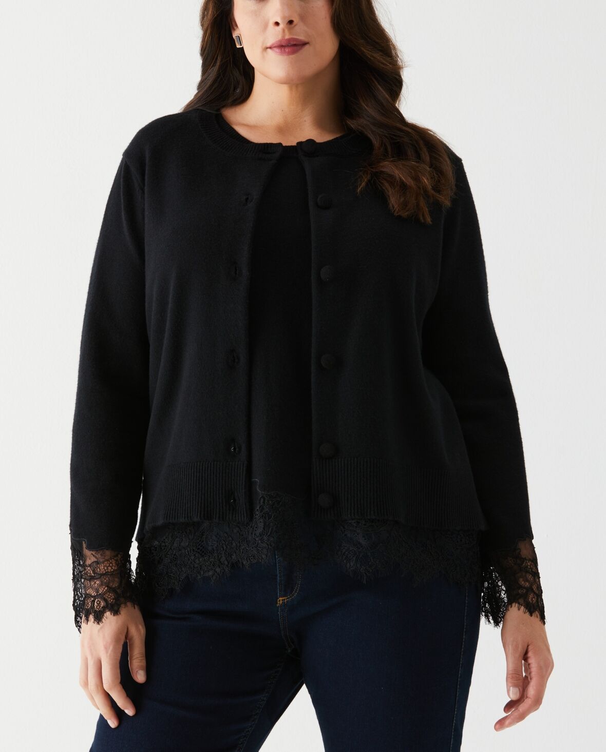 Ella Rafaella Plus Size Lace Trim Long Sleeve Button Cardigan Sweater - Black