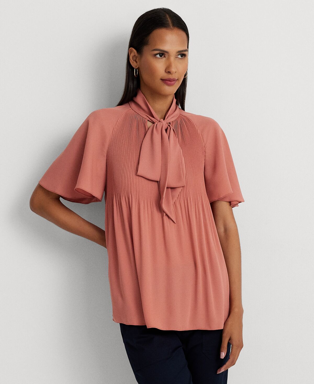 Ralph Lauren Lauren Ralph Lauren Women's Tie-Neck Flutter-Sleeve Blouse - Pink Mahogany