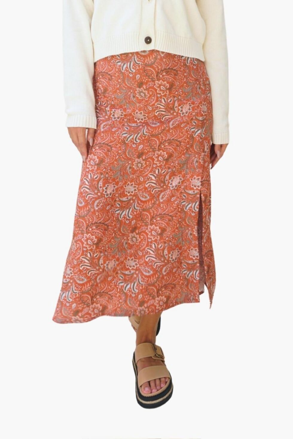 Paneros Clothing Women's Paisley Printed Avery Midi Skirt in Rust - Sedona paisley print