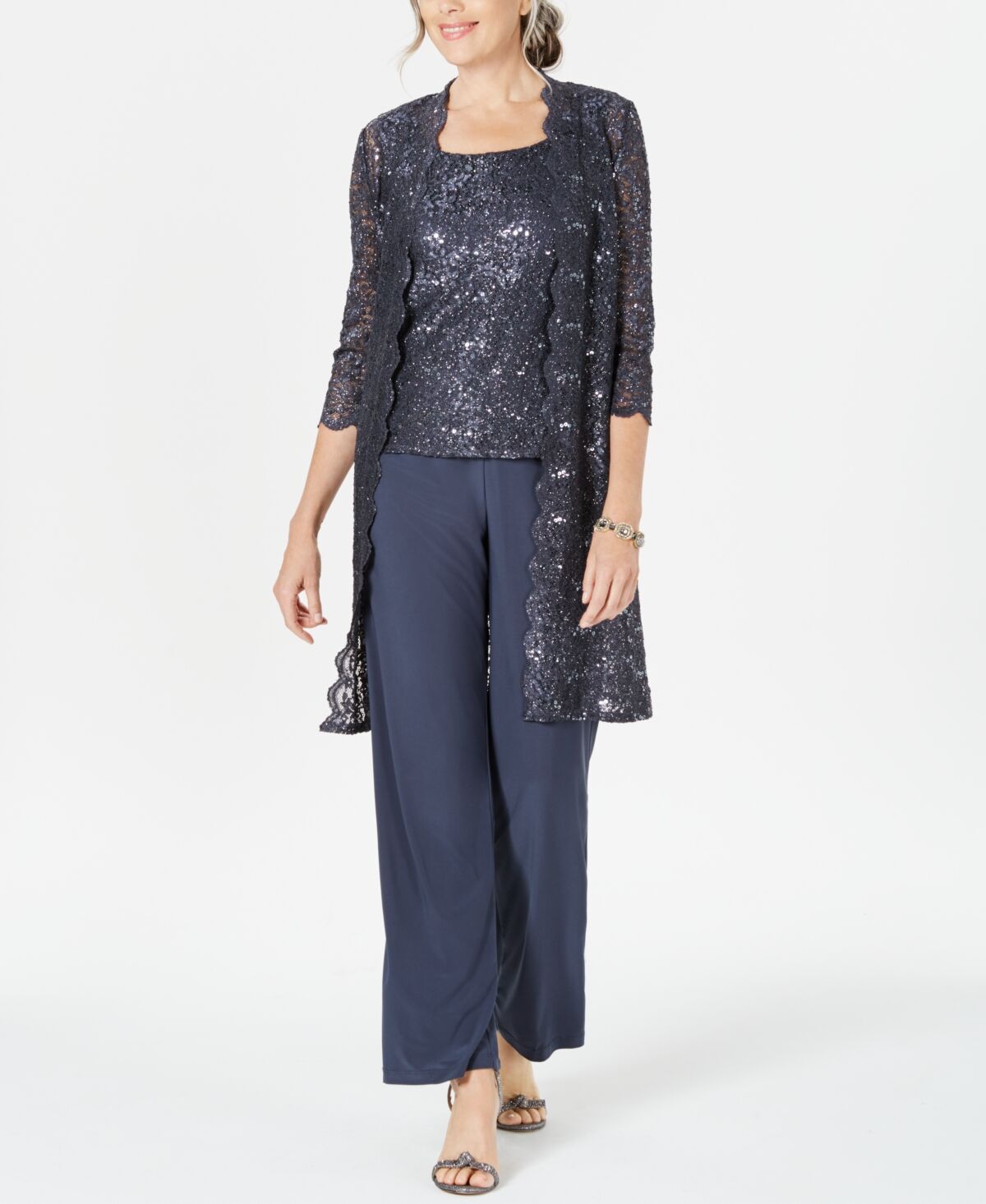 R & M Richards 3-Pc. Sequined Lace Pantsuit & Jacket - Coal