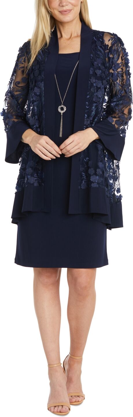 R & M Richards Women's 2-Pc. 3D Floral-Embroidered Jacket & Necklace Dress - Navy