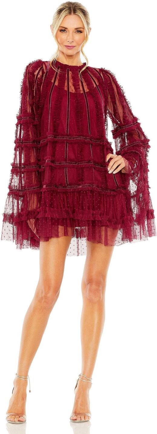 Mac Duggal Women's High Neck Ruffle Bell Sleeve Trapeze Dress - Crimson