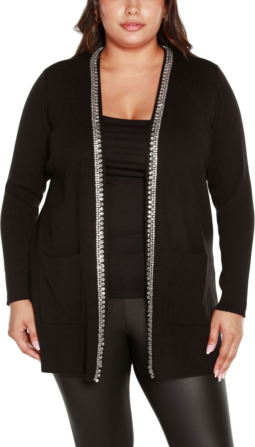 Belldini Black Label Plus Size Rhinestone Trim Open-Front Cardigan Sweater - Black