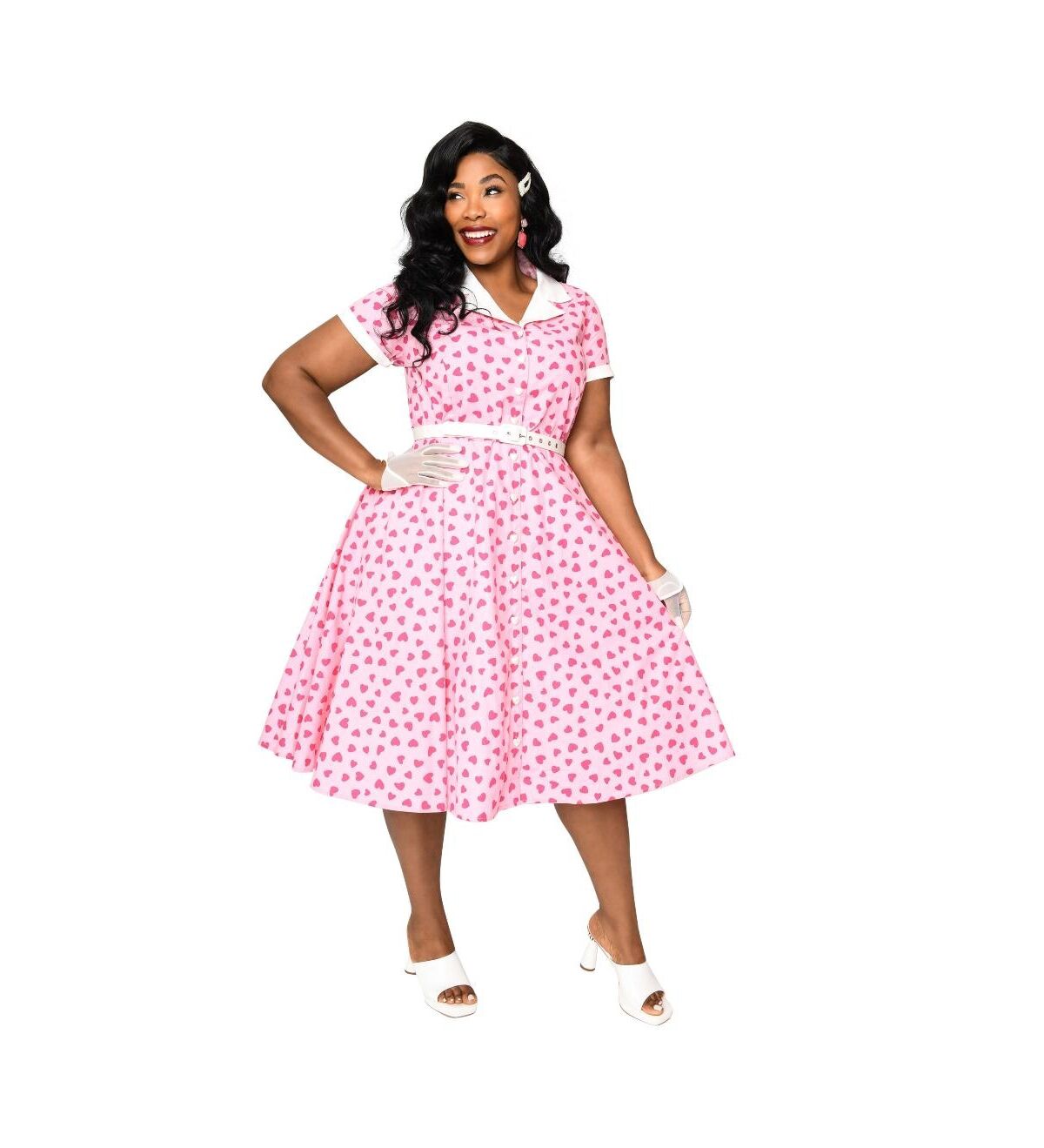 Unique Vintage Plus Size Collared Short Sleeved Belted Alexis Swing Dress - Light pink/hot pink hearts