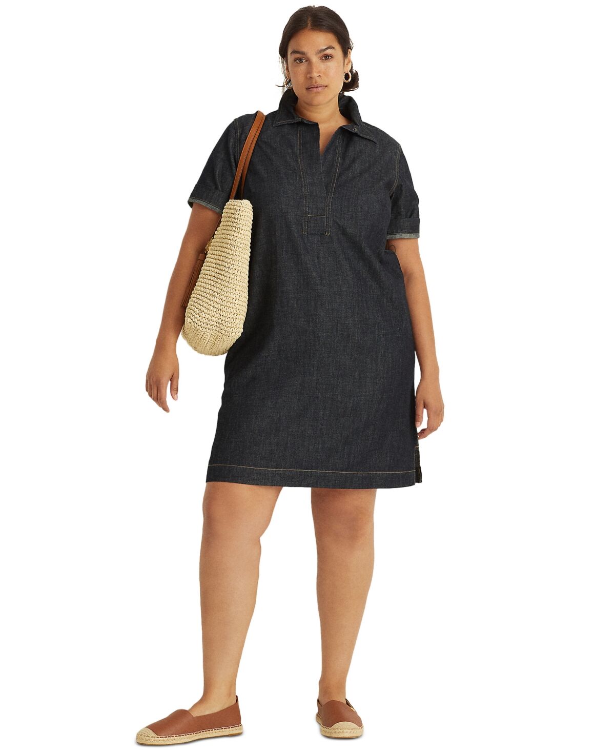 Ralph Lauren Women's Plus Size Short-Sleeve Denim Cotton Shift Dress - Jones Street Wash