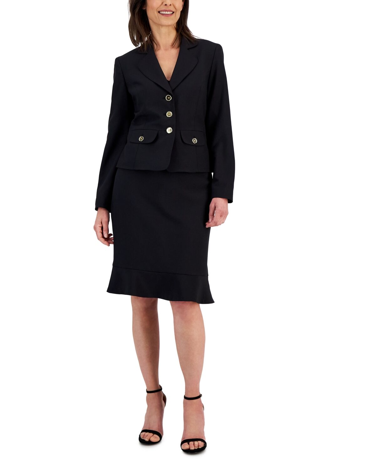 Le Suit Three-Button Jacket & Flounce-Hem Skirt, Regular & Petite - Black