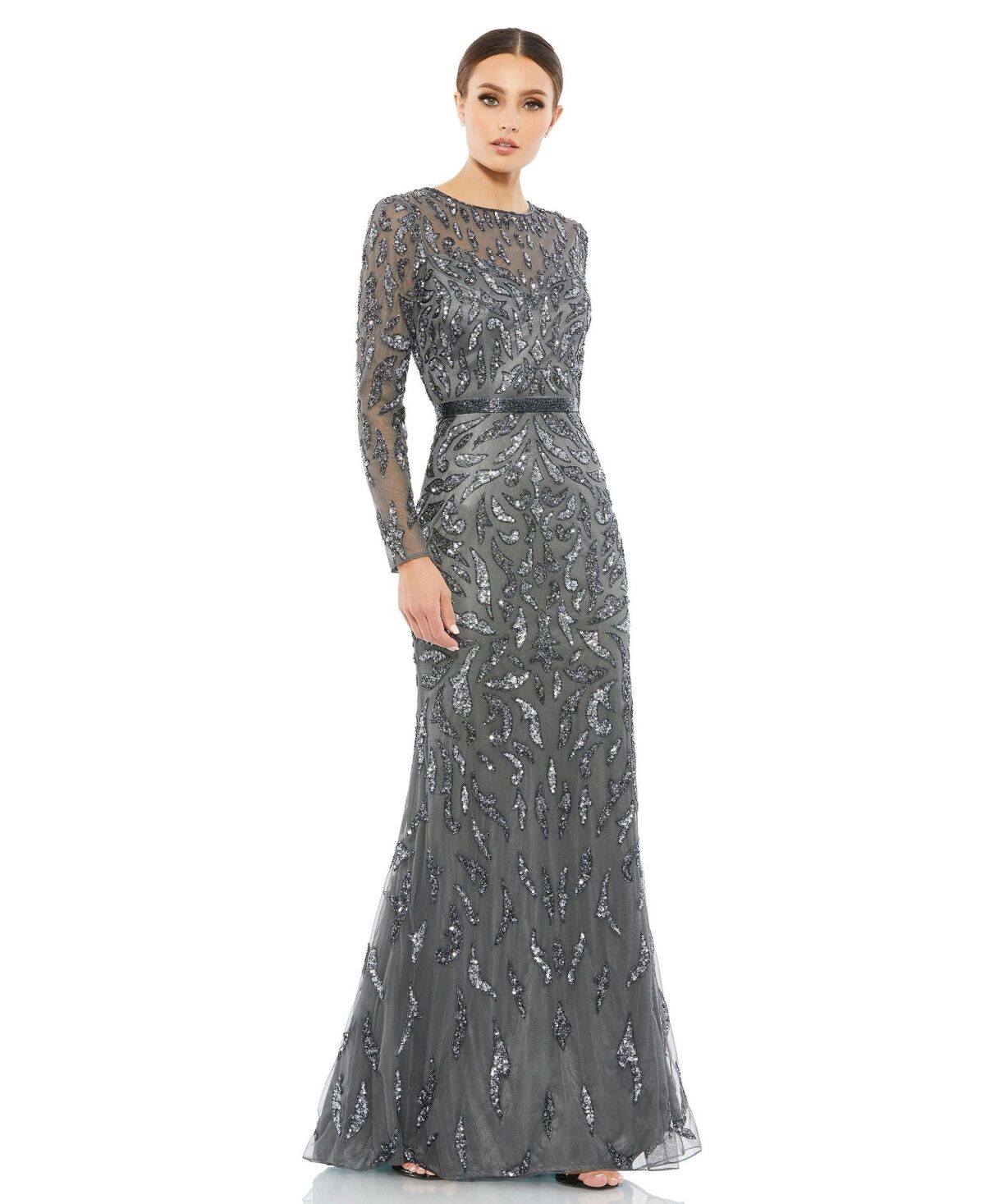 Mac Duggal Women's Beaded Long Sleeve Evening Gown - Charcoal
