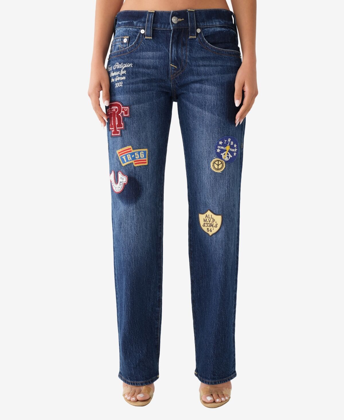 True Religion Women's Ricki Straight Jeans with Patches - Crystal Cove
