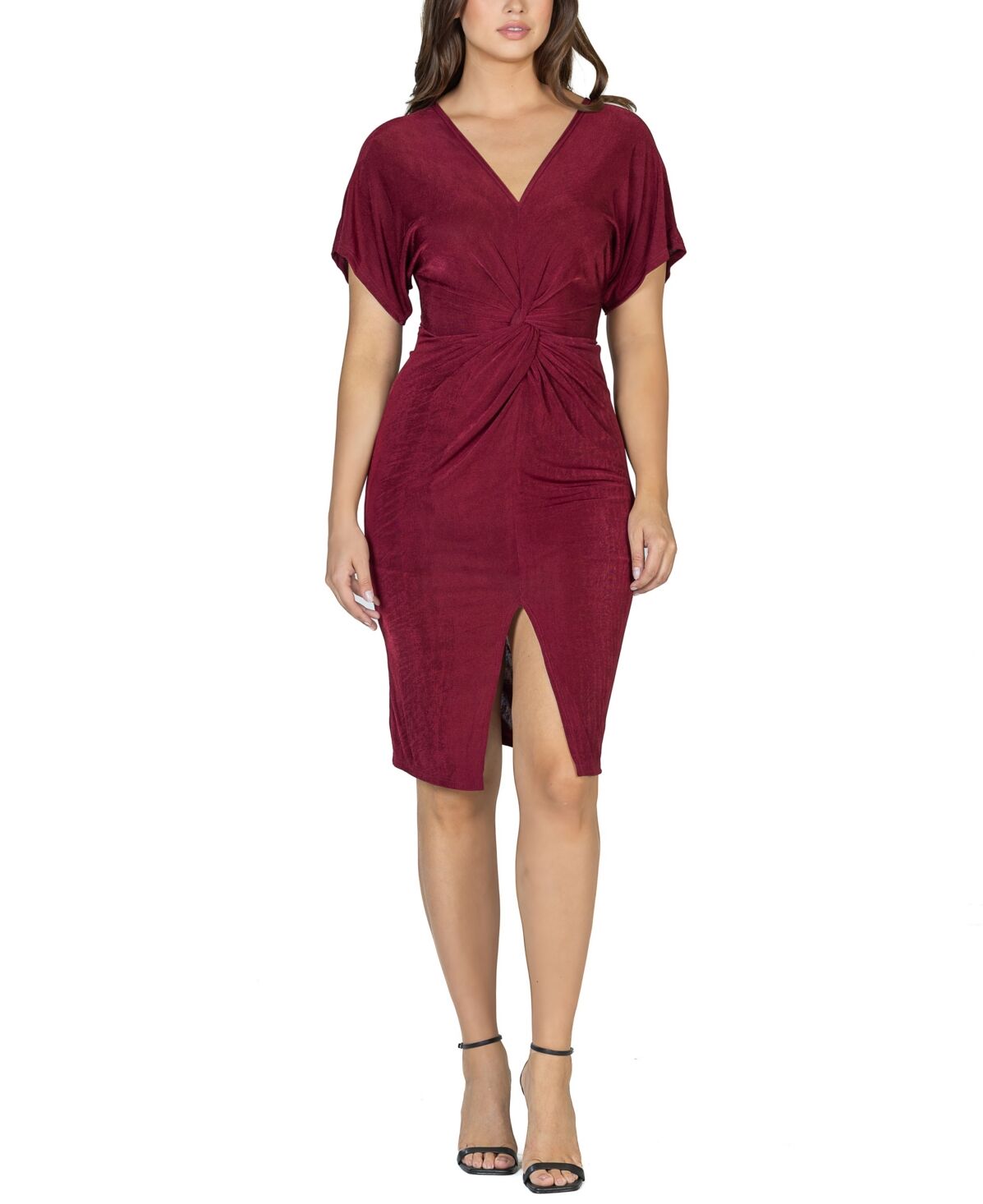 24seven Comfort Apparel Women's Short Sleeve V-neck Twist Front Dress - Wine