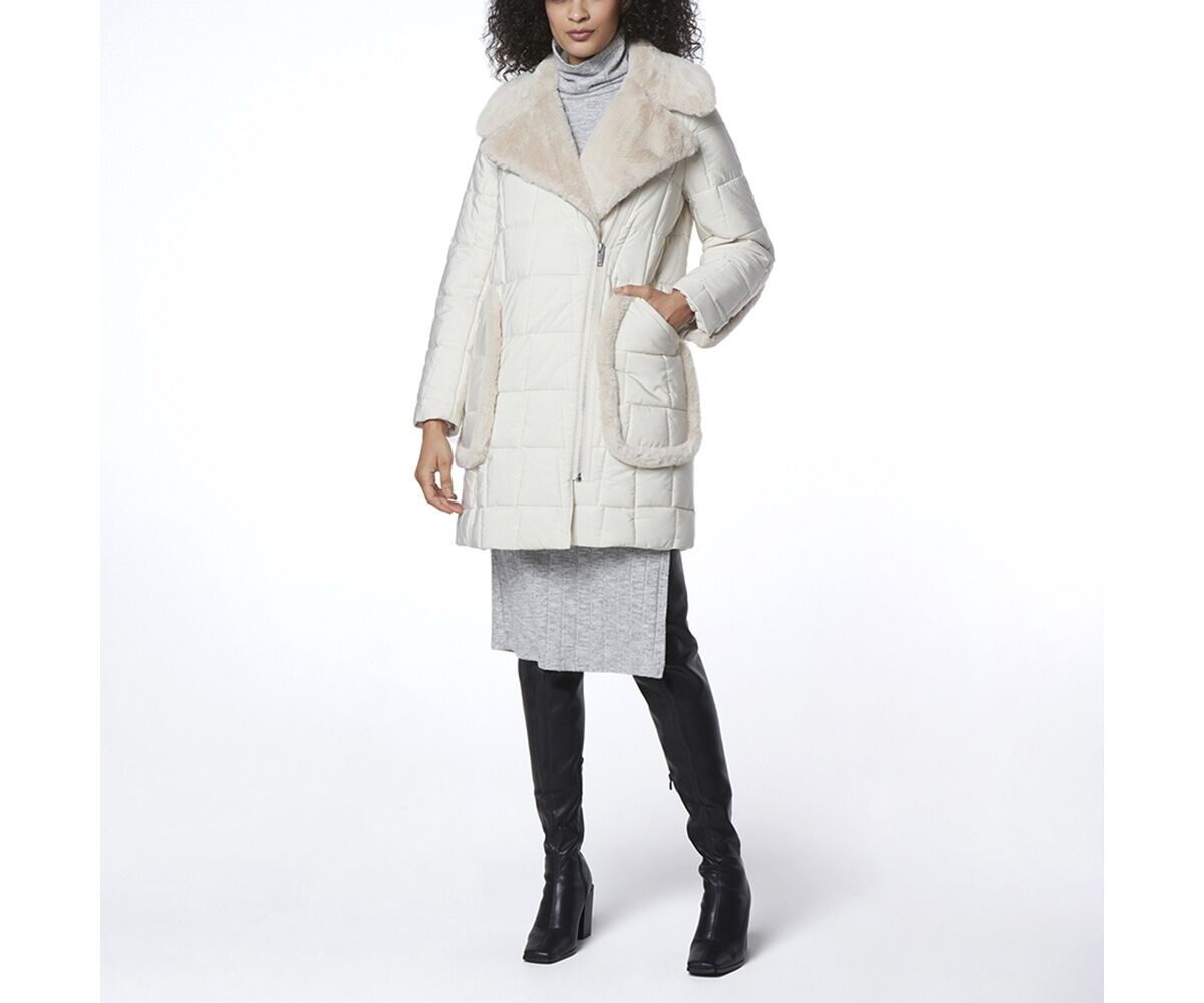 Andrew Marc Black Label Astor Asymmetrical Womans Mixed Media Puffer Coat with Faux fur trim - Birch