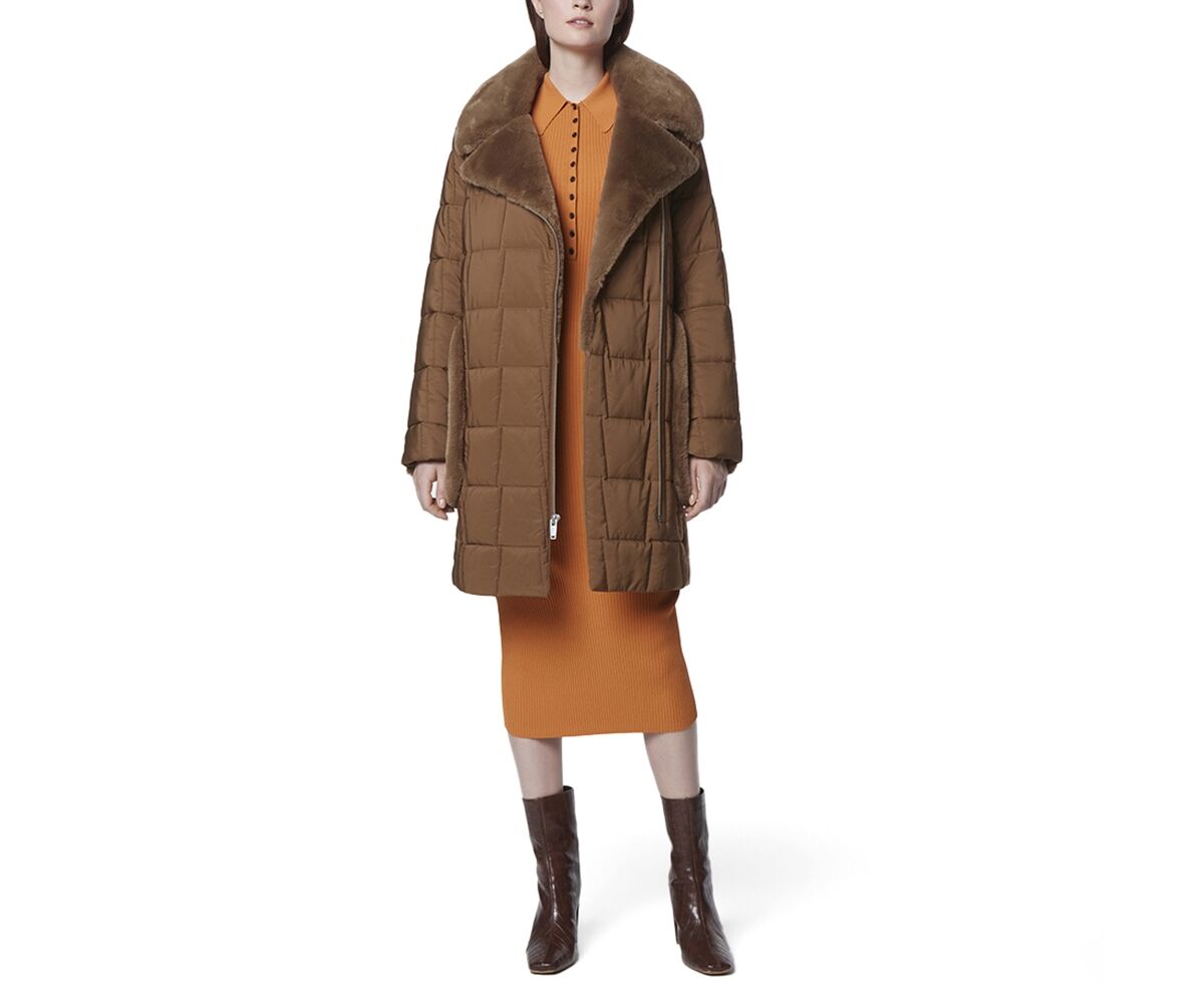 Andrew Marc Black Label Astor Asymmetrical Womans Mixed Media Puffer Coat with Faux fur trim - Sepia