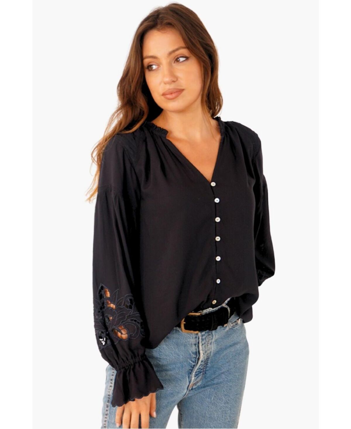 Paneros Clothing Women's Long Sleeve Embroidered Stevie Blouse - Black