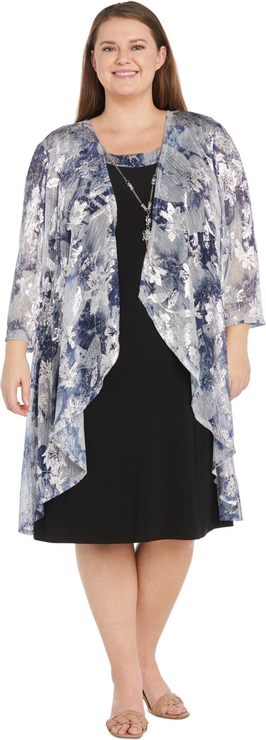 R & M Richards Plus Size 2-Pc. Floral-Print Jacket & Dress Set - Navy/Silver