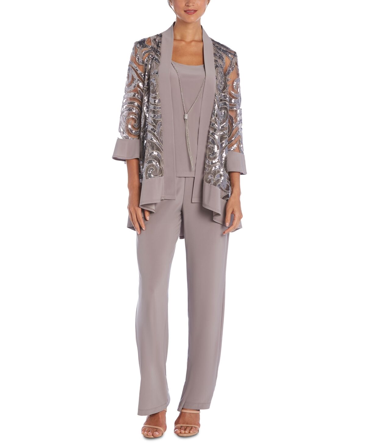 R & M Richards 3-Pc. Sequinned Jacket, Necklace Tank Top & Pants Set - Champagne