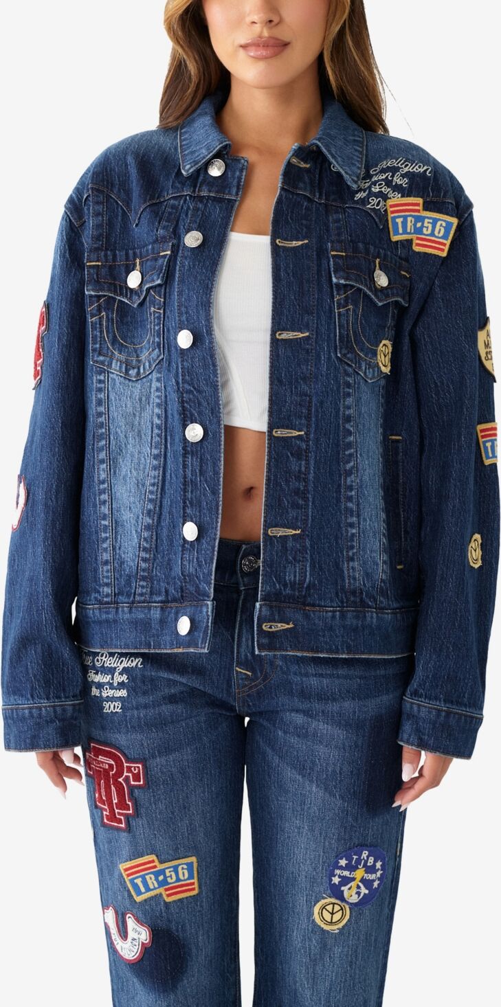 True Religion Women's Oversized Jimmy Jacket with Patches - Crystal Cove