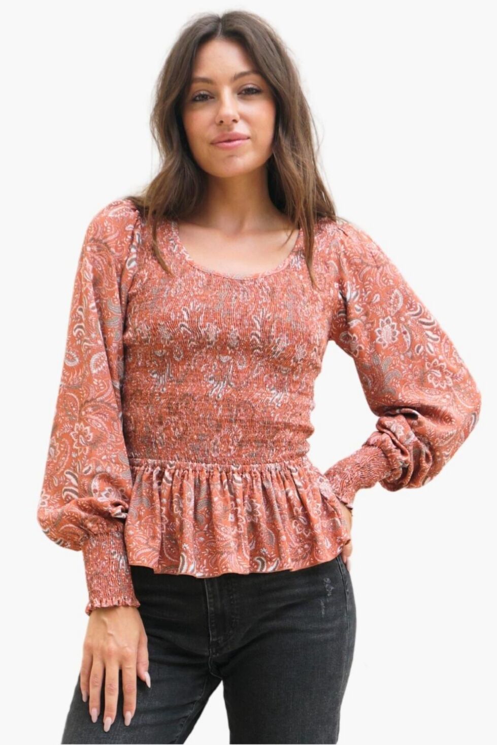 Paneros Clothing Women's Long Sleeve Smock Stella Top - Sedona paisley print