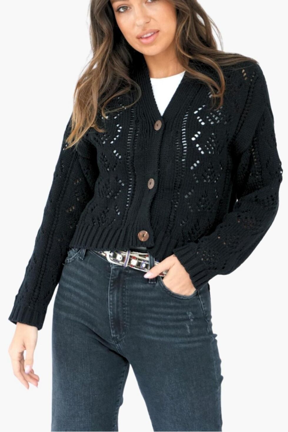 Paneros Clothing Women's Cotton Diana Pointelle Cardigan in Black - Black