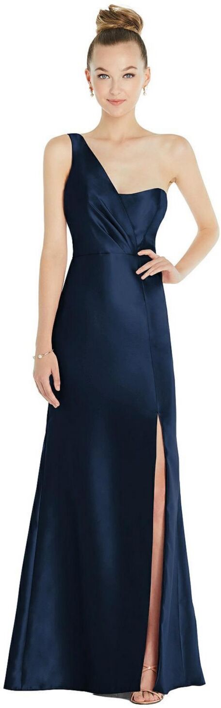 Alfred Sung Draped One-Shoulder Satin Trumpet Gown with Front Slit - Midnight navy