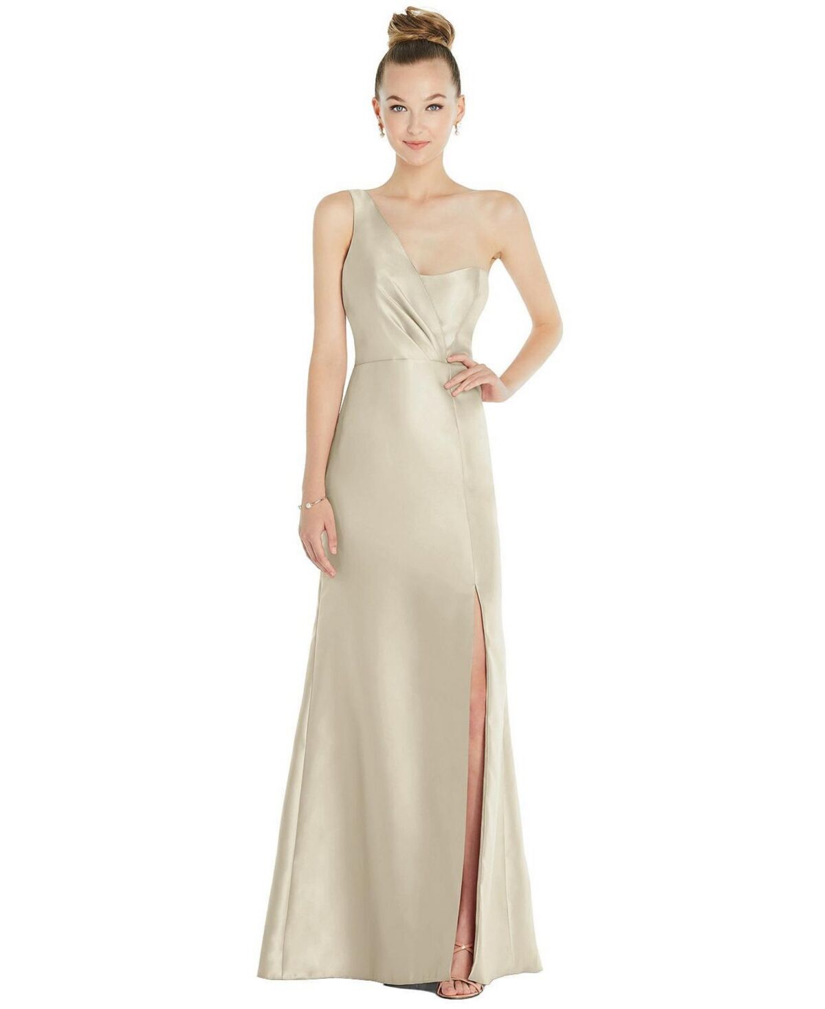 Alfred Sung Draped One-Shoulder Satin Trumpet Gown with Front Slit - Champagne