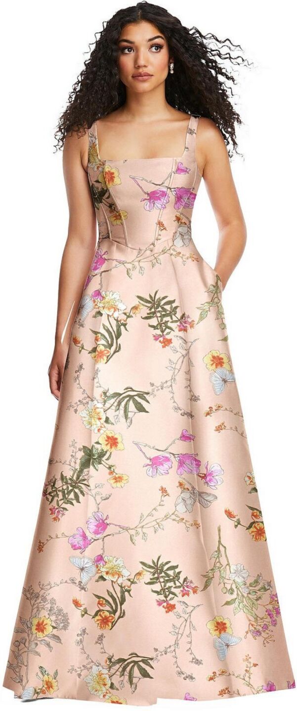 Alfred Sung Womens Boned Corset Closed-Back Floral Satin Gown with Full Skirt - Butterfly botanica pink sand