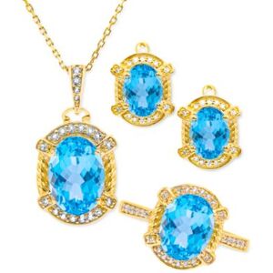 Macy's 3 Pc. Set Swiss Blue Topaz 9 1 2 Ct. T.W. Diamond 3 8 Ct. T.W. Pendant Necklace Earrings Ring In 18k Yellow Gold Plated Sterling Silver