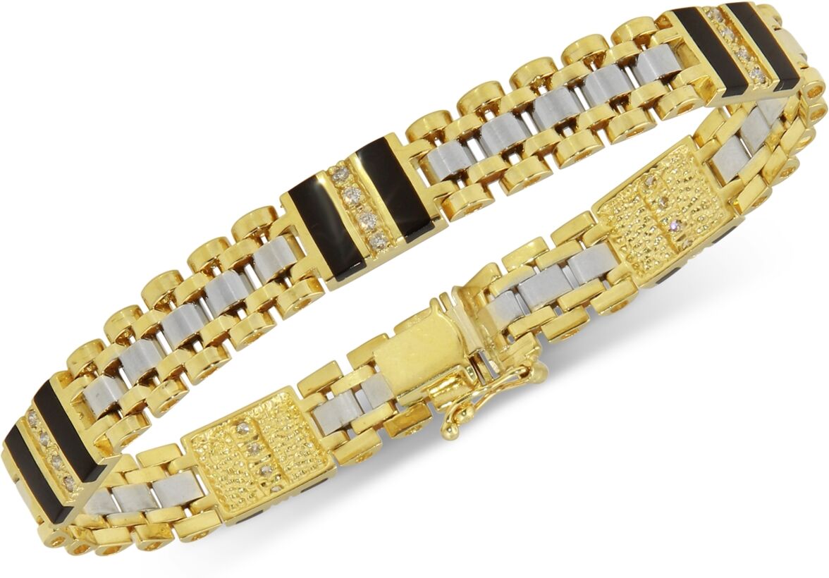 Macy's Men's Onyx (9X 2.5mm) and Diamond (1/2 ct. t.w.) Bracelet in 10k Yellow & White Gold - Yellow Gold