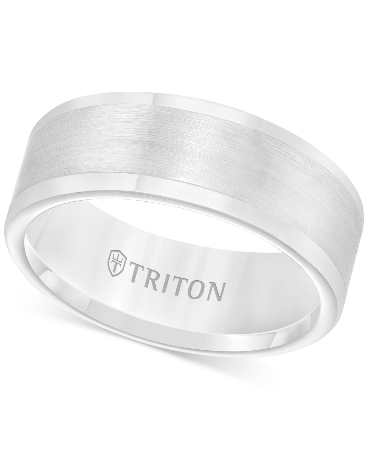 Triton Men's Ring, 8mm Wedding Band in White or Black Tungsten - White Tungsten