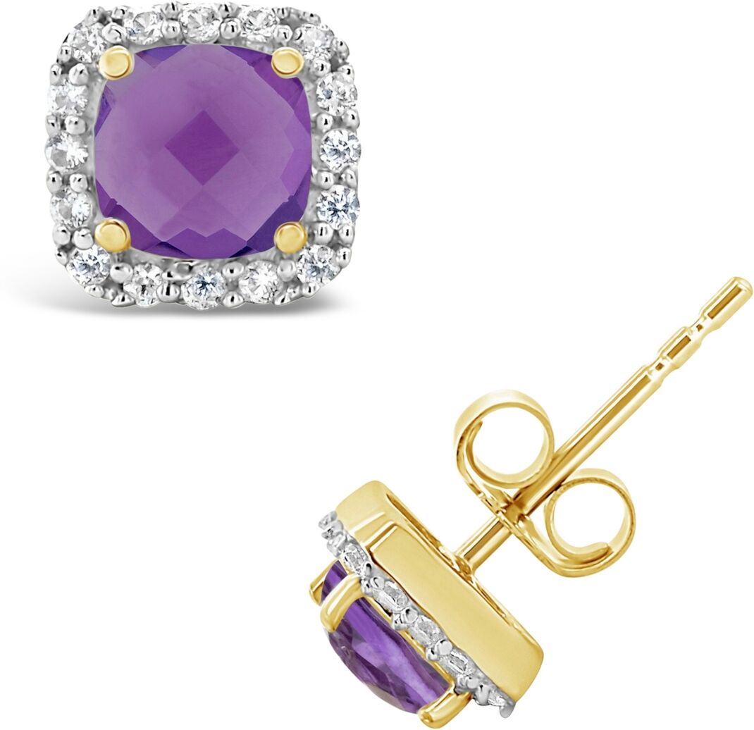 Macy's Garnet (1-1/2 ct. t.w.) and Created White Sapphire (1/5 ct. t.w.) Halo Stud Earrings in 10k Yellow Gold. Also Available in Amethyst (1 ct. t.w.) and B