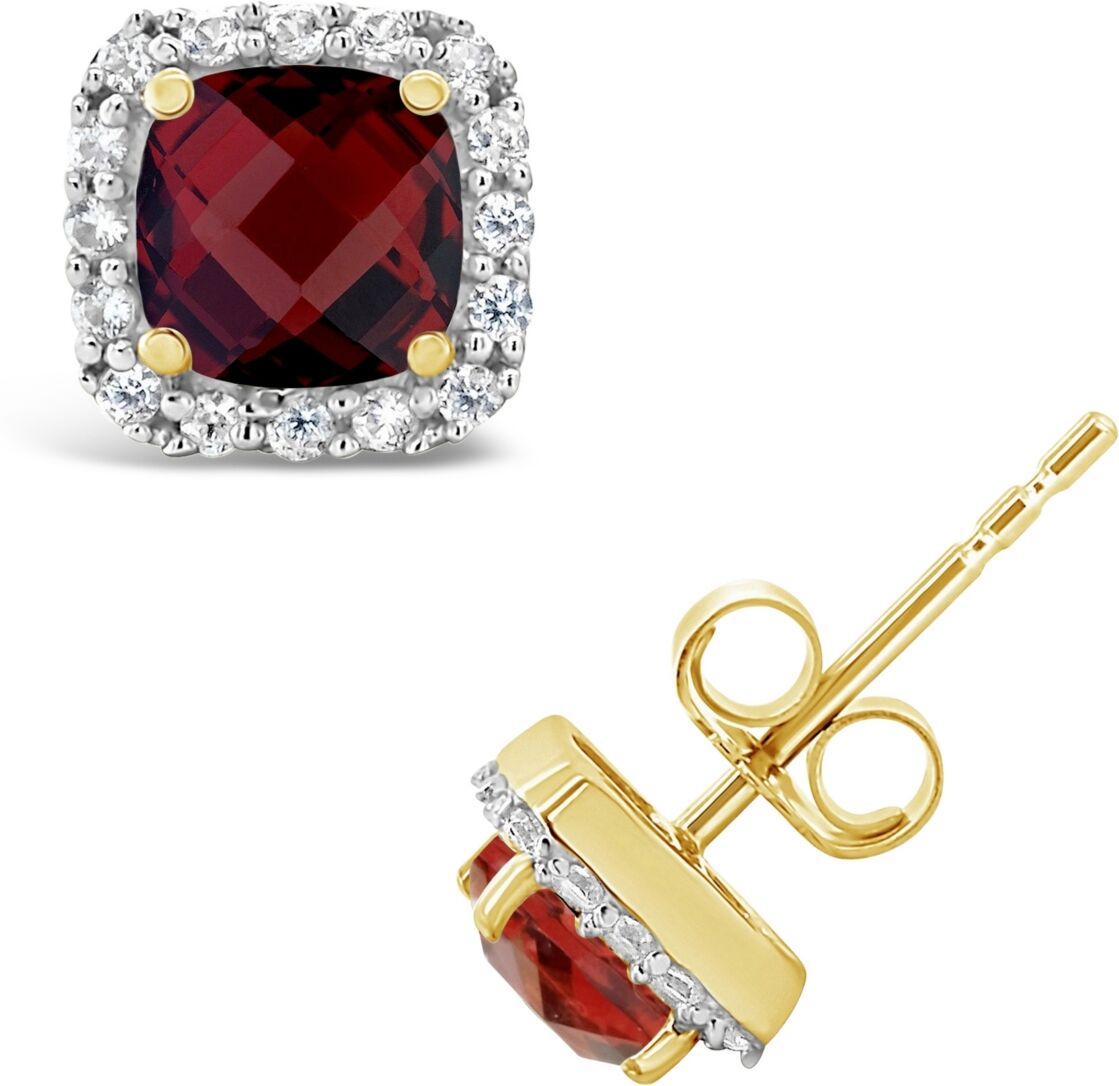 Macy's Garnet (1-1/2 ct. t.w.) and Created White Sapphire (1/5 ct. t.w.) Halo Stud Earrings in 10k Yellow Gold. Also Available in Amethyst (1 ct. t.w.) and B