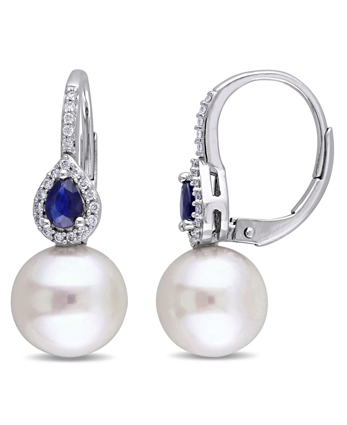 Macy's Freshwater Cultured Pearl (9-9.5mm), Sapphire (3/8 ct. t.w.) and Diamond (1/8 ct. t.w.) Pear Drop Earrings in 14k White Gold - White