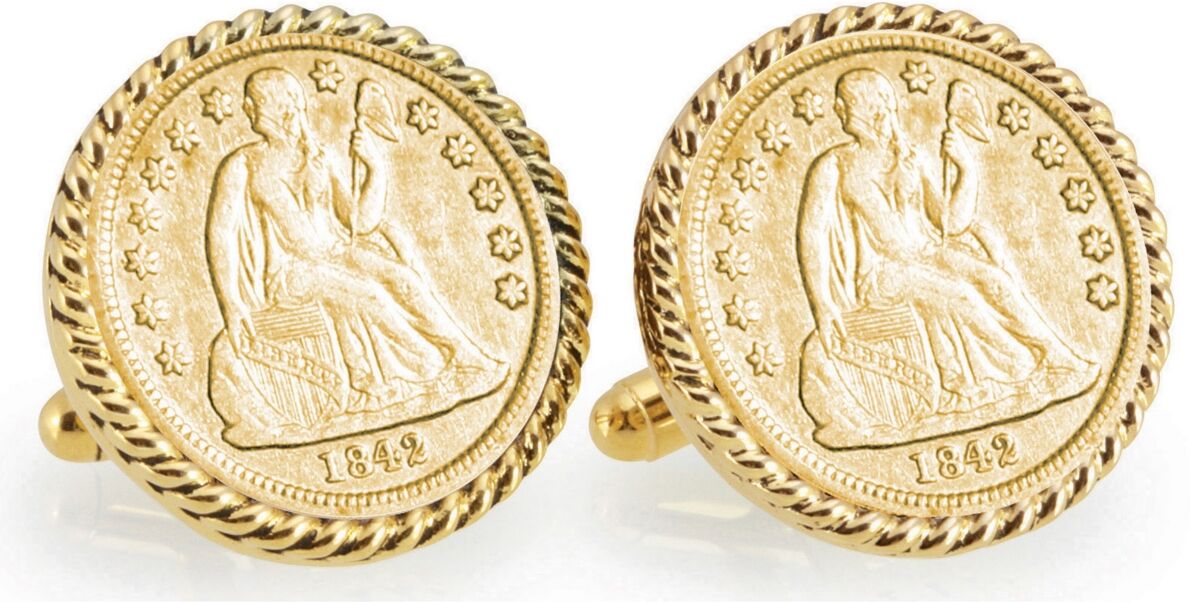 American Coin Treasures Gold-Layered Seated Liberty Silver Dime Rope Bezel Coin Cuff Links - Gold